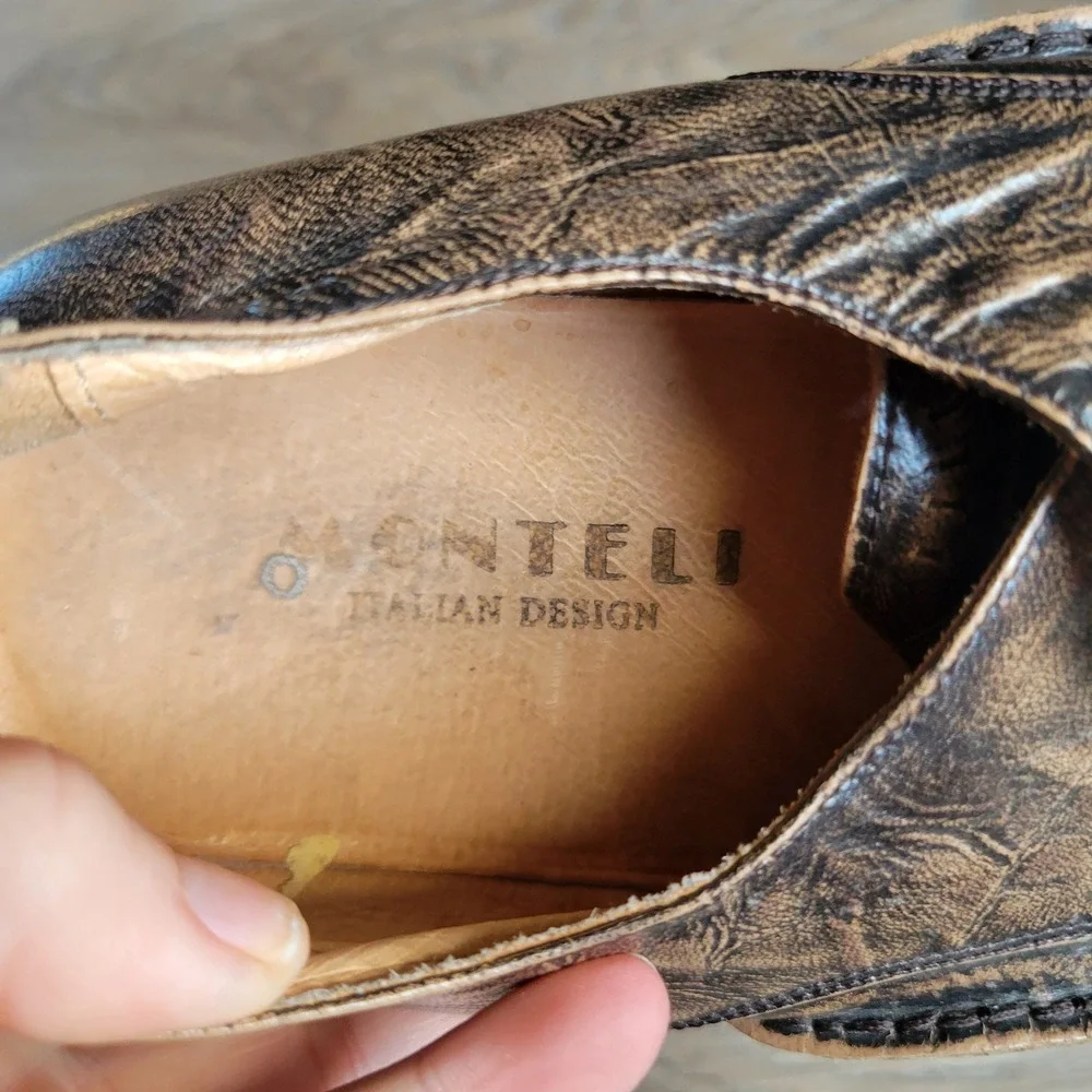 Monteli Mens Oxford Shoes 10.5 E Brown Ostrich Leather Square Toe Avant-Garde